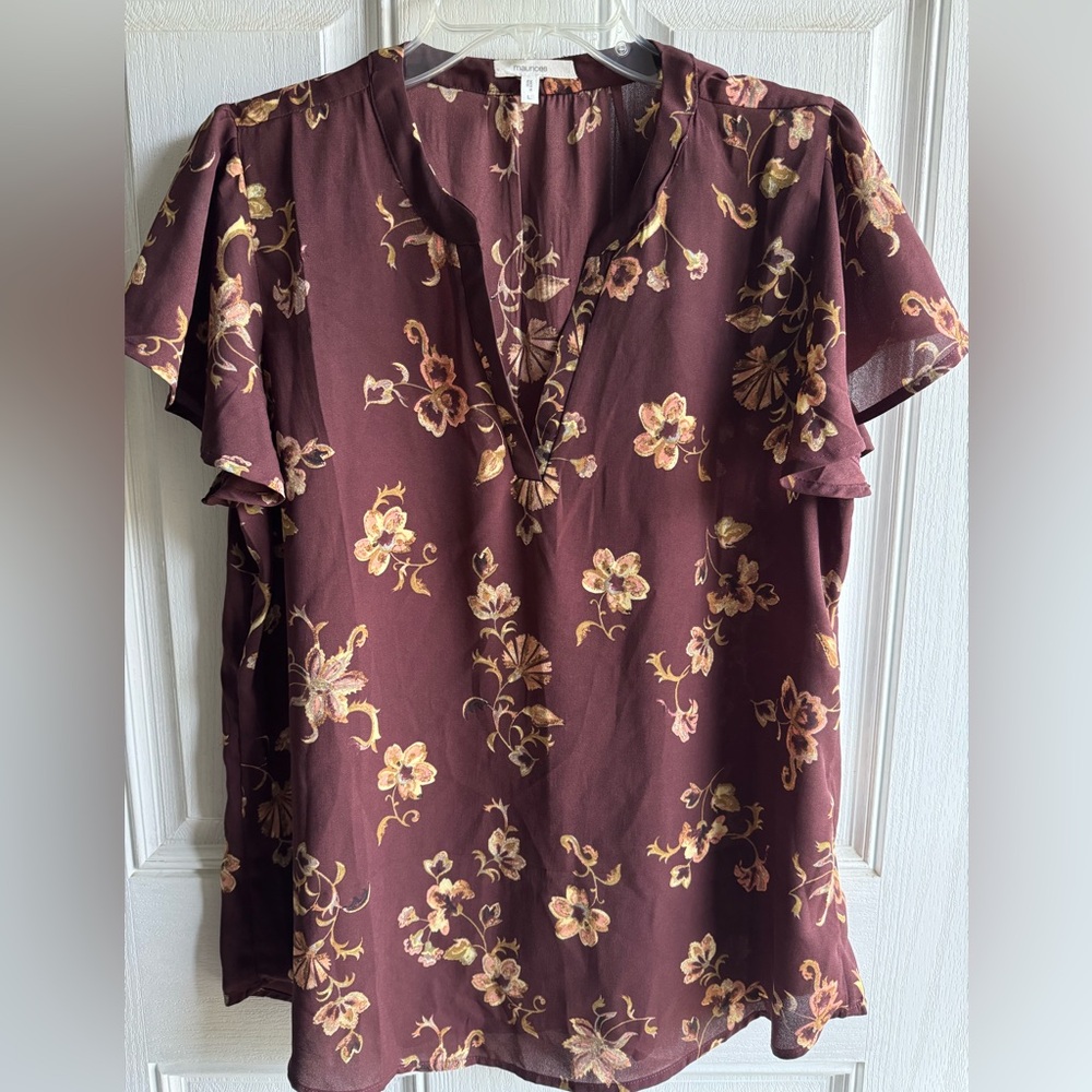 Maurices Floral V-Neck Blouse - Burgundy